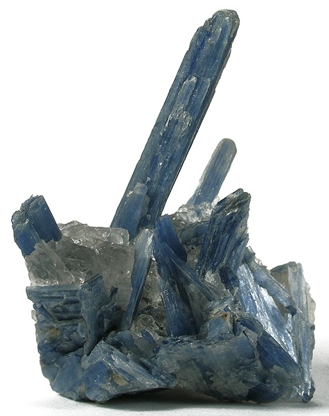 Long, sharp, blue crystals of kyanite poking out of a white rock