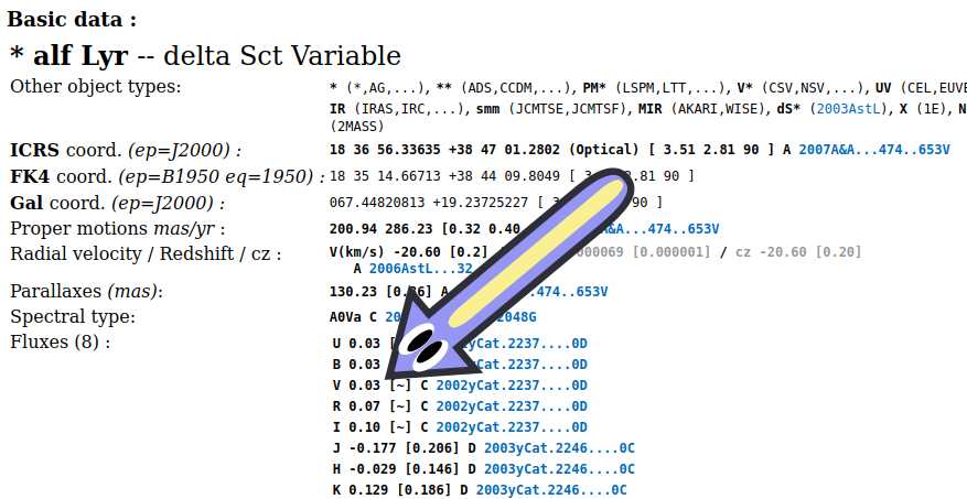 A picture of astronomy database SIMBAD, showing Vega with magnitude 0.03 in the V filter. Not 0.